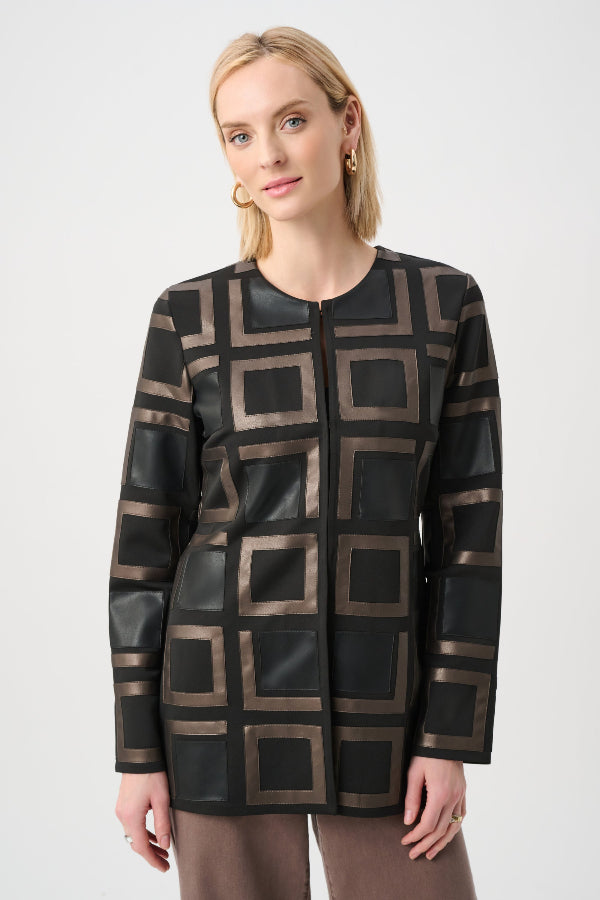 Leatherette and Scuba Collarless Two-Tone Jacket 834