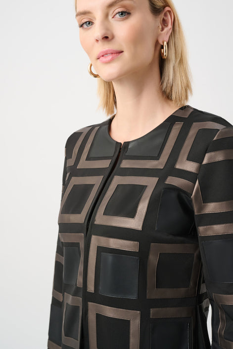 Leatherette and Scuba Collarless Two-Tone Jacket 834