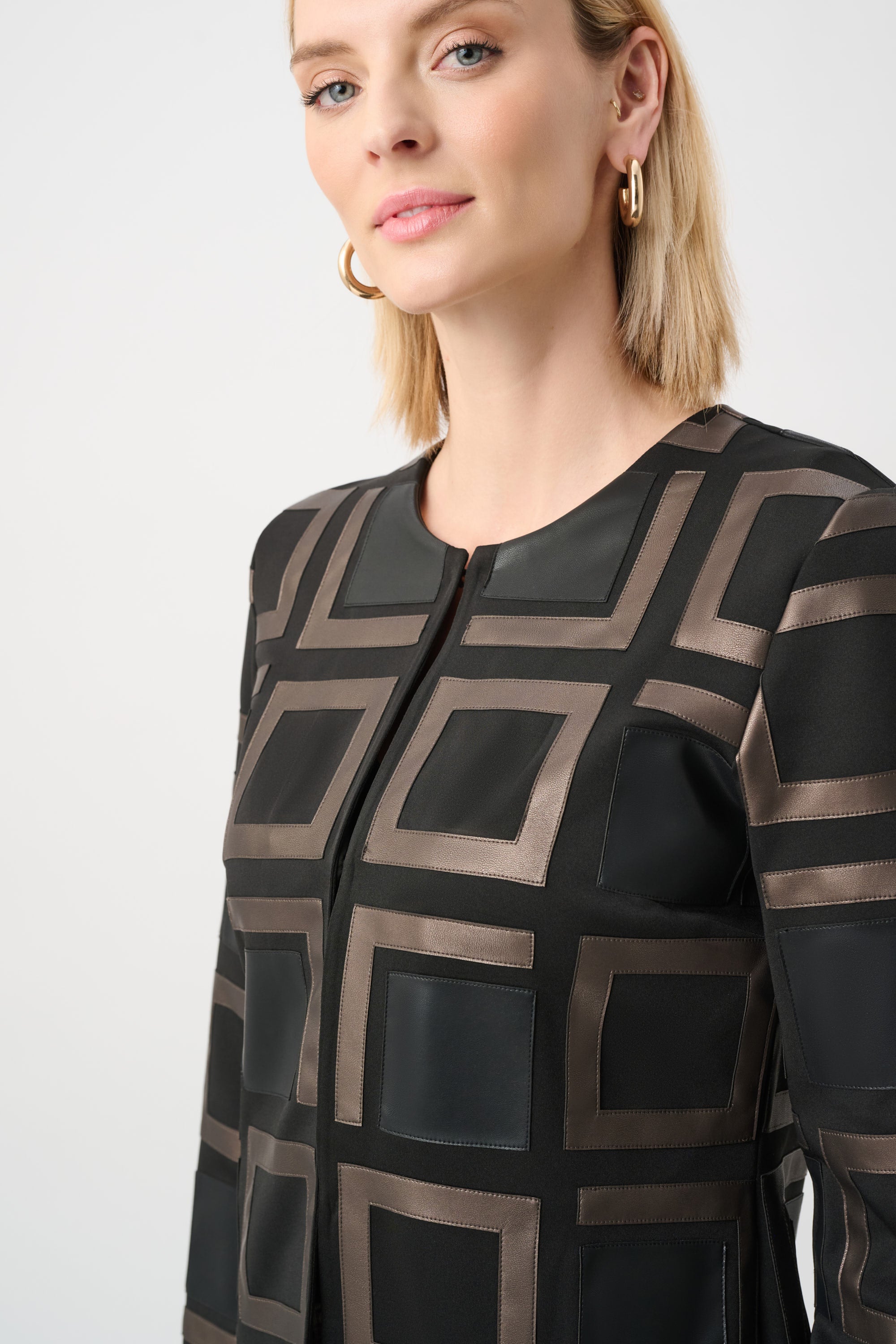 Leatherette and Scuba Collarless Two-Tone Jacket 834