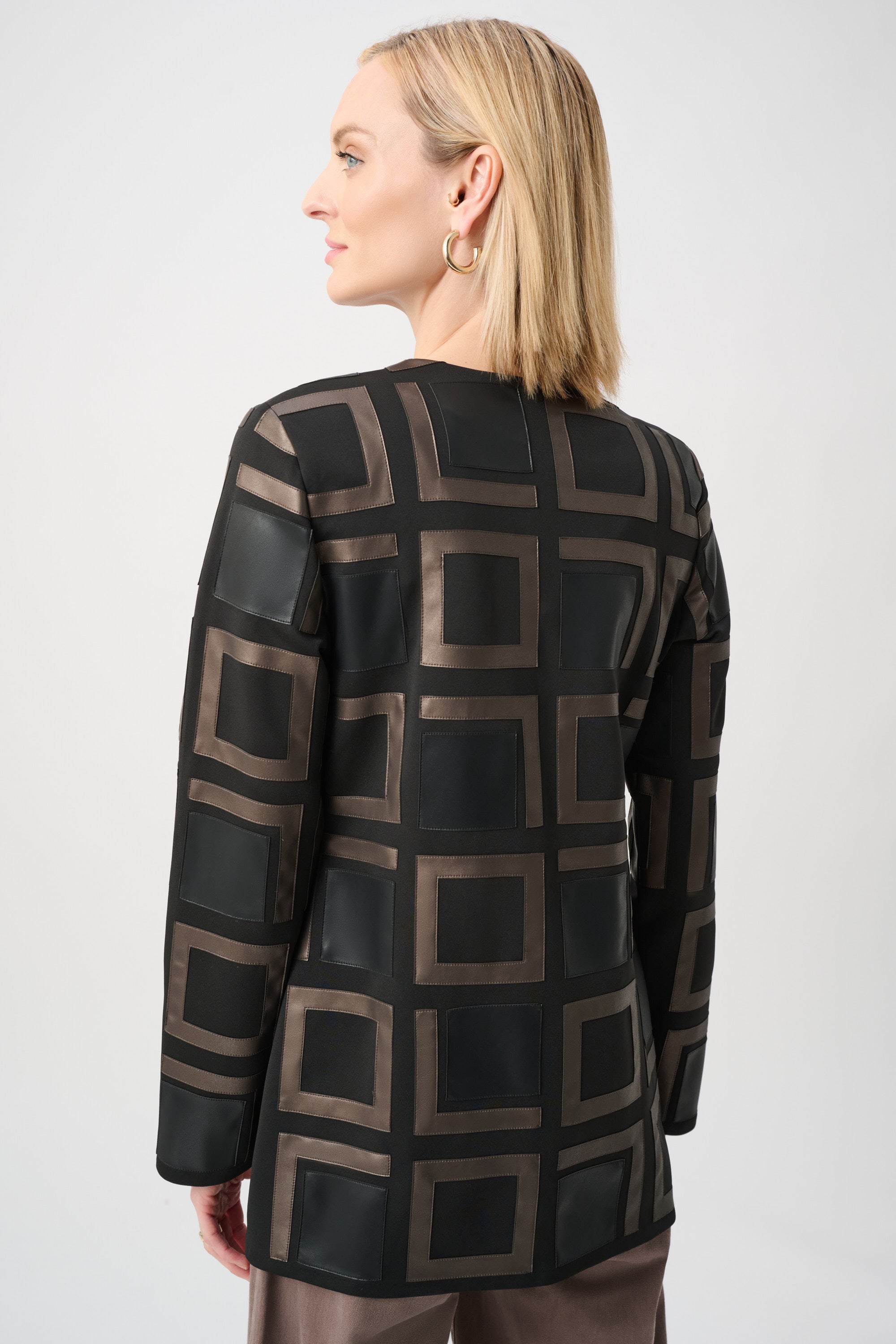 Leatherette and Scuba Collarless Two-Tone Jacket 834
