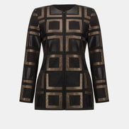 Leatherette and Scuba Collarless Two-Tone Jacket 834