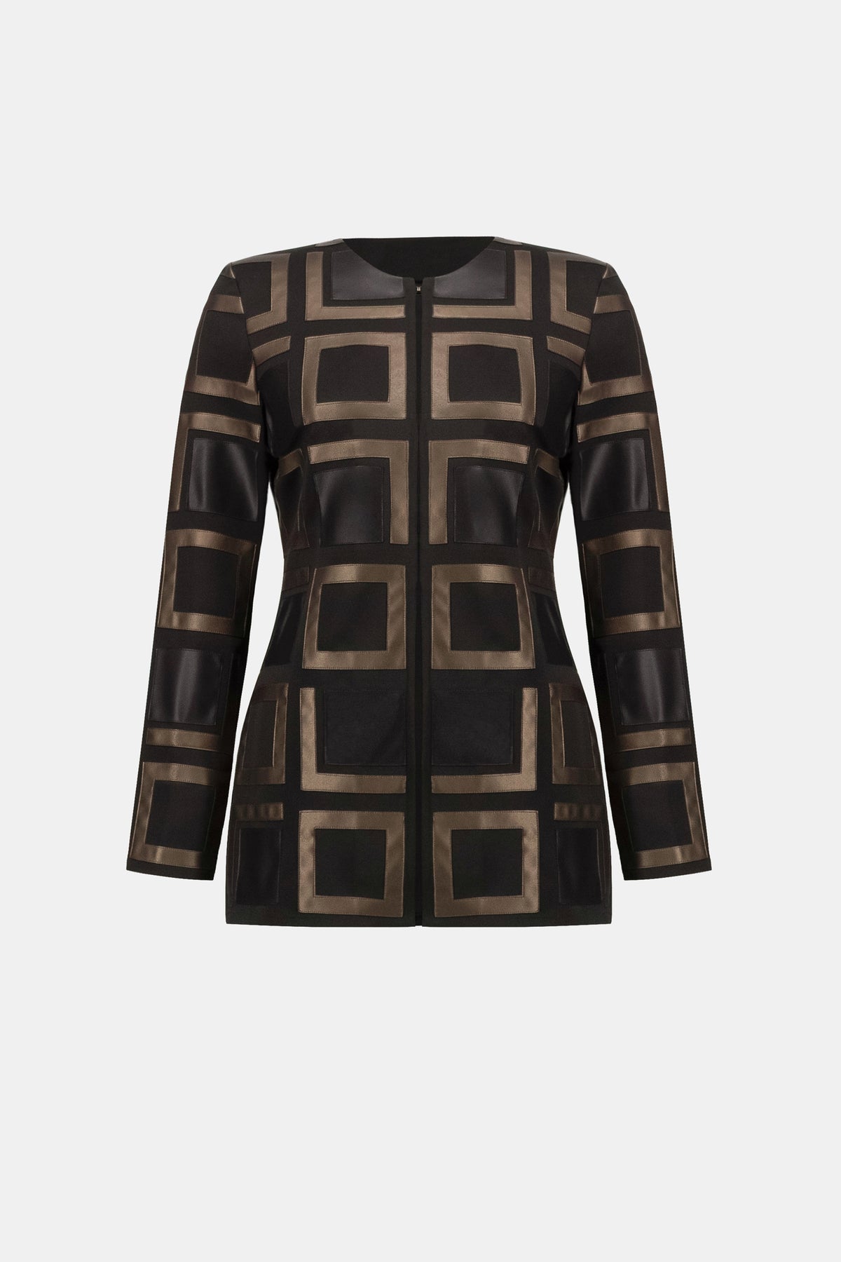 Leatherette and Scuba Collarless Two-Tone Jacket 834