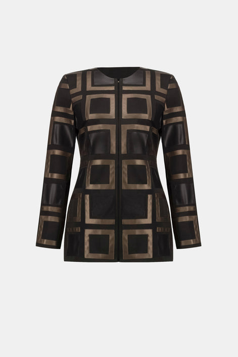 Leatherette and Scuba Collarless Two-Tone Jacket 834