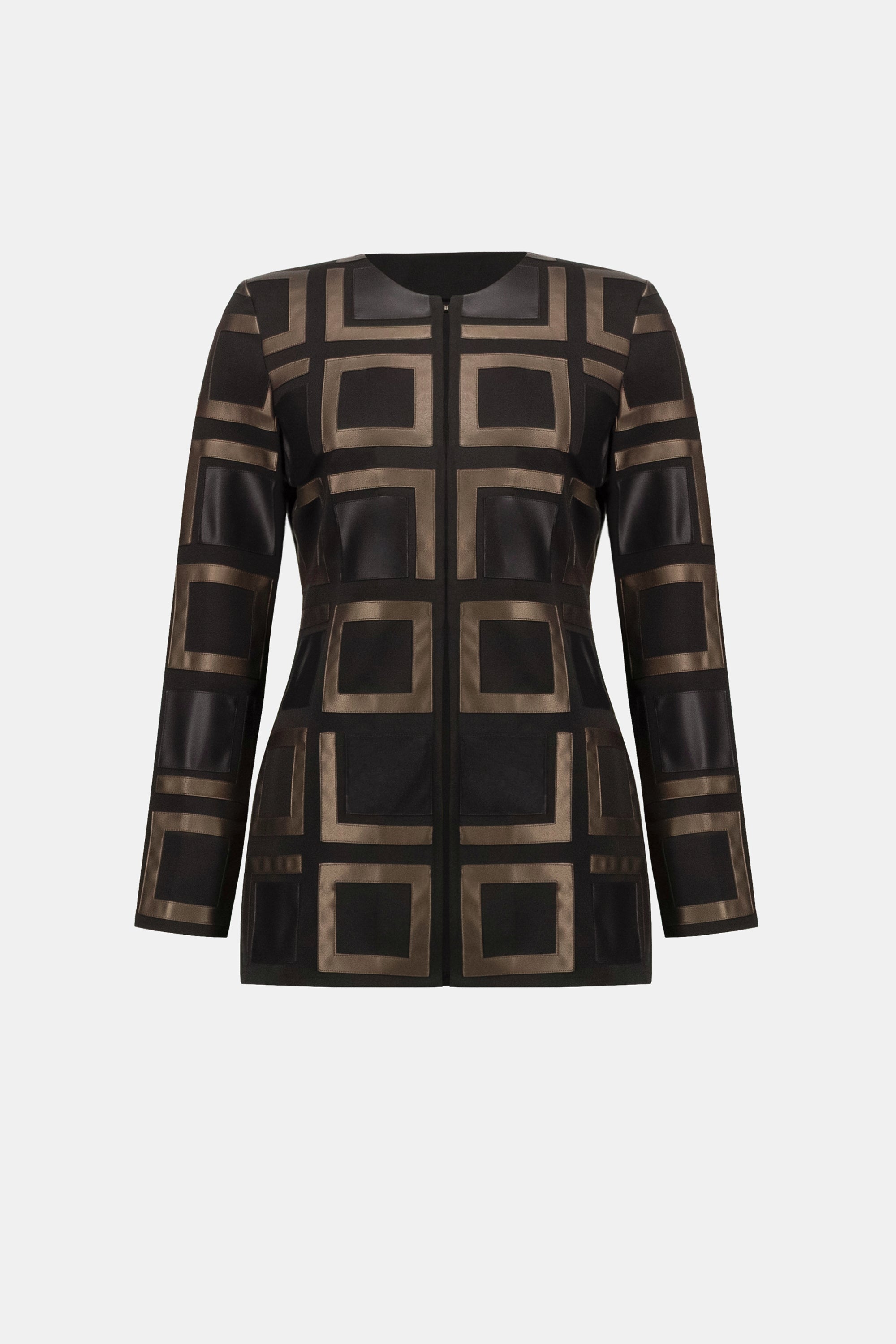 Leatherette and Scuba Collarless Two-Tone Jacket 834