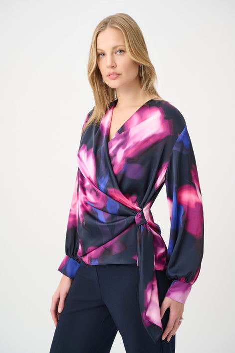 Floral Print Satin Wrap Top 854