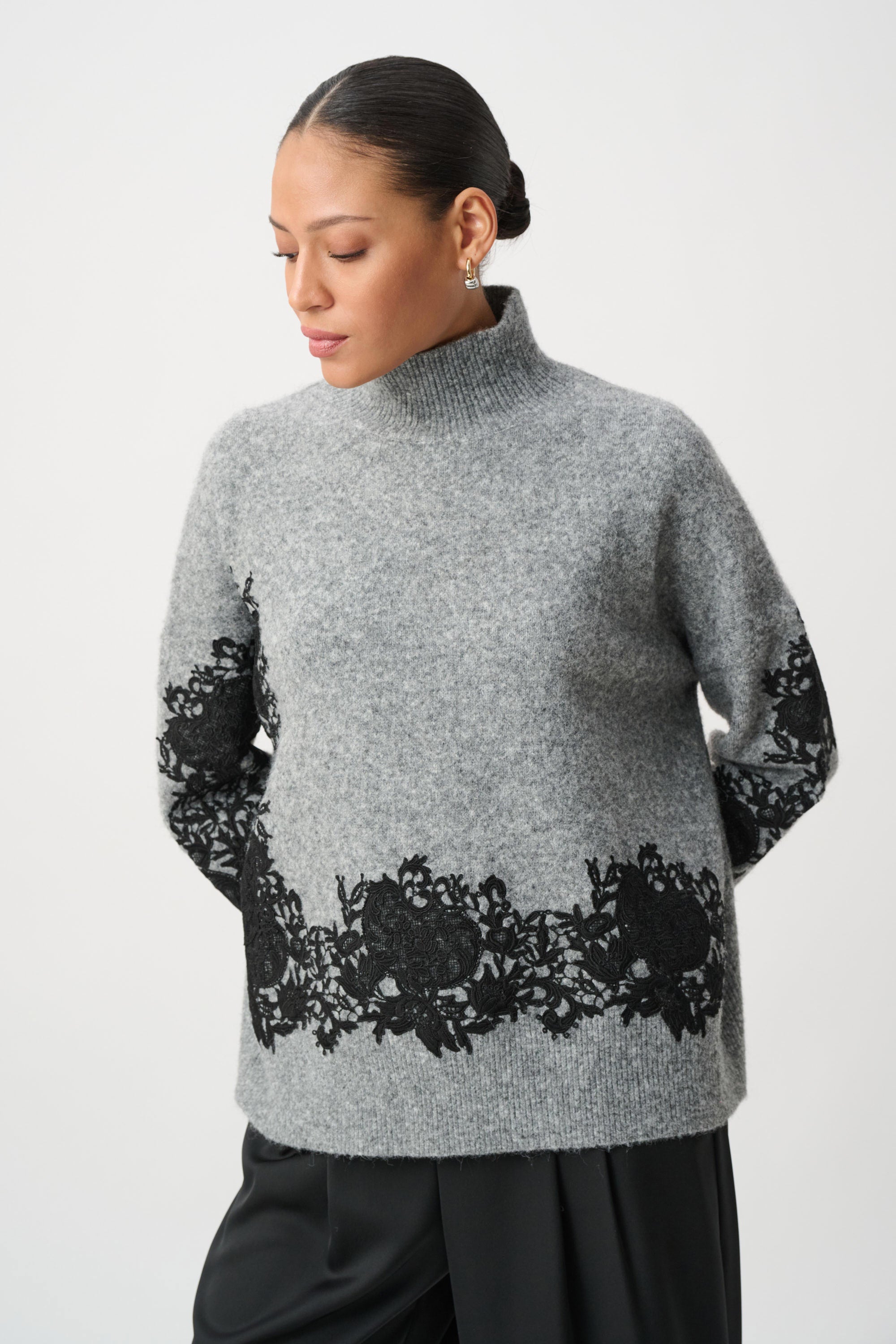 Lace Applique Mock Neck Sweater 855