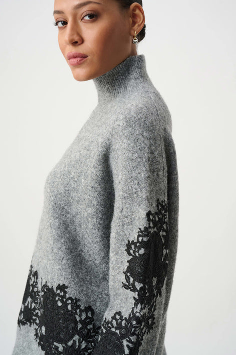 Lace Applique Mock Neck Sweater 855