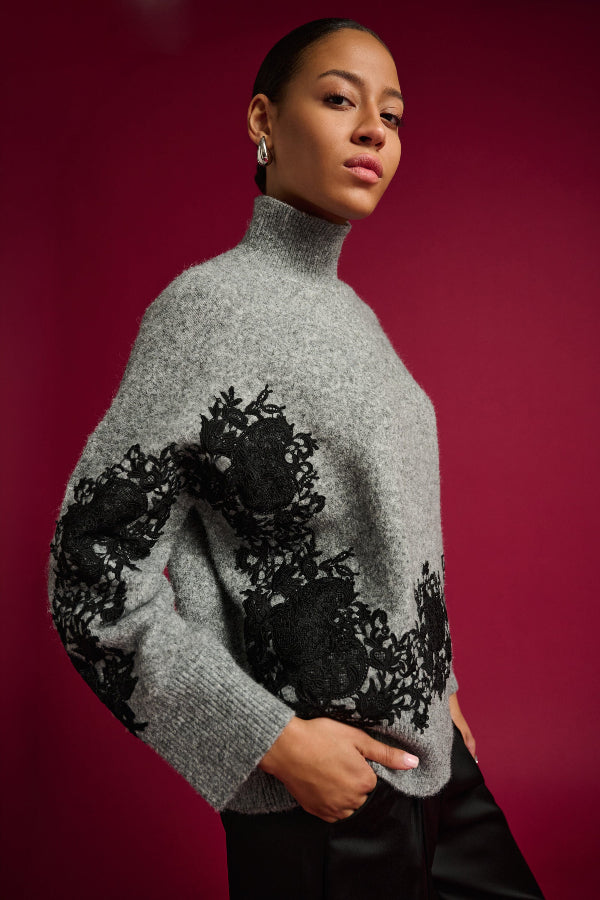 Lace Applique Mock Neck Sweater 855