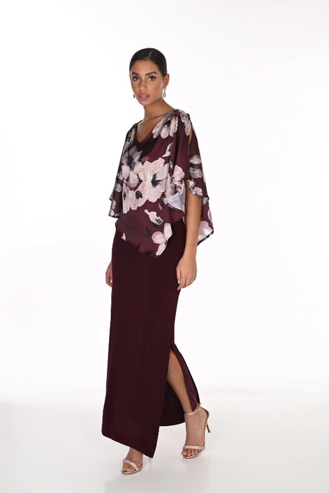 Sheath Maxi Dress with Floral Chiffon Overlay 849