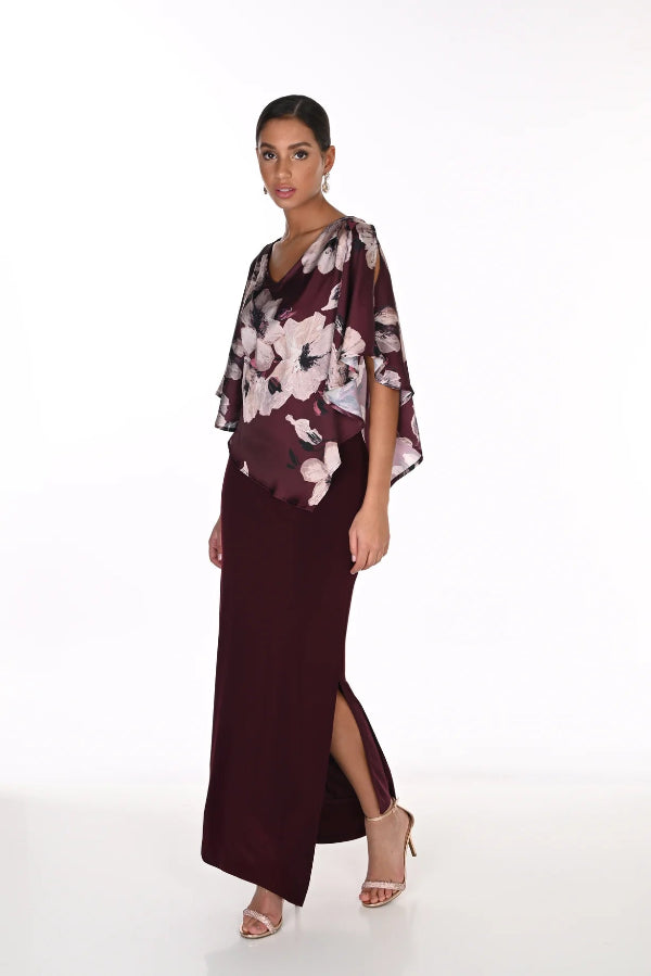 Sheath Maxi Dress with Floral Chiffon Overlay 849