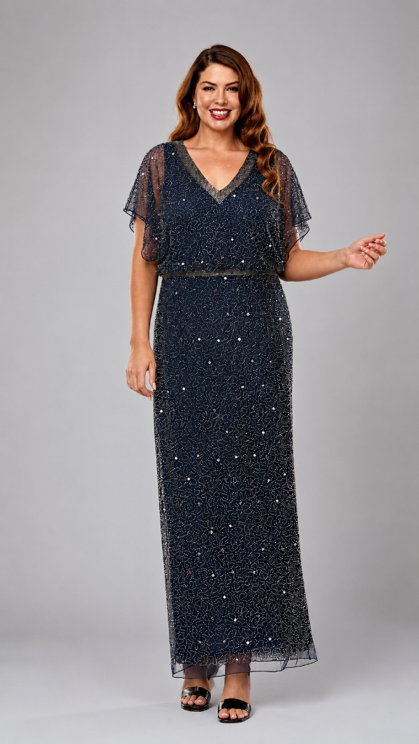 Long Beaded V-Neck Dress 708