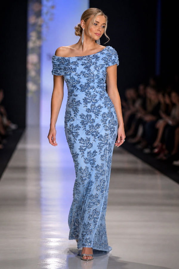 Long Off Shoulder Sequined Gown 817