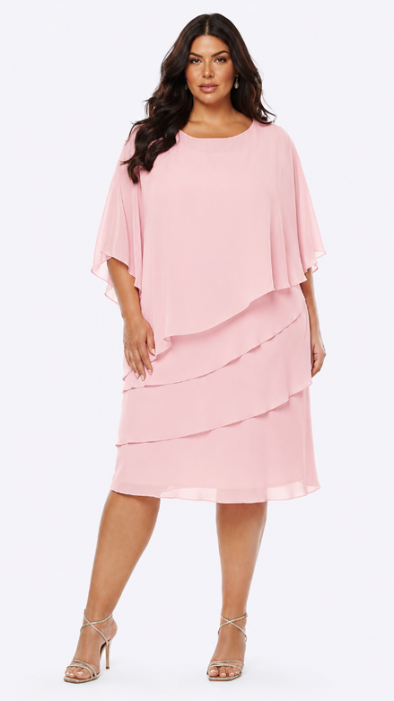 Knee Length Chiffon Layered Dress with Overlay 1577
