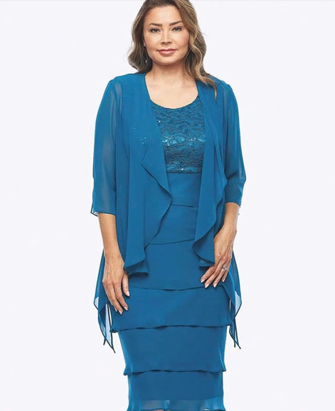Two piece Knee Length Dress with Layered Skirt and Chiffon Jacket