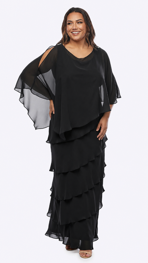 Long Layered Dress with Jeweled Shoulder Clasps 838