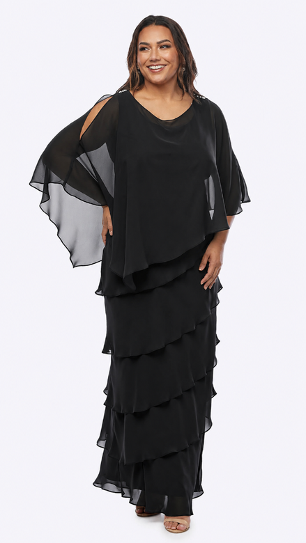 Long Layered Dress with Jeweled Shoulder Clasps 838