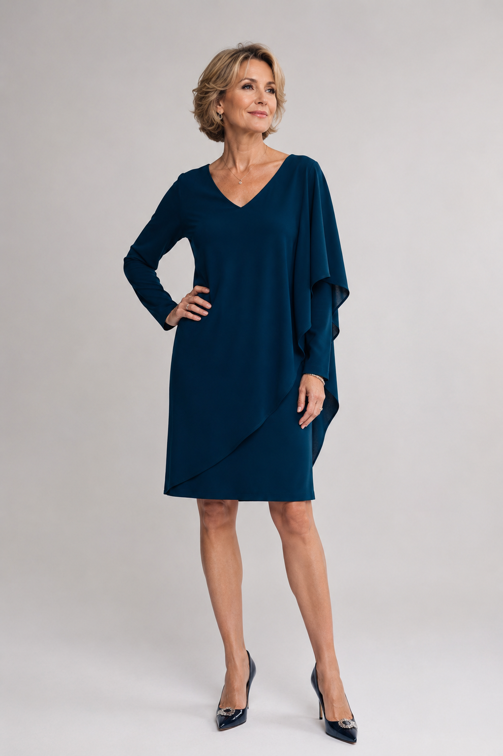 Knee-length Shift Dress With Draped V-neck 1546
