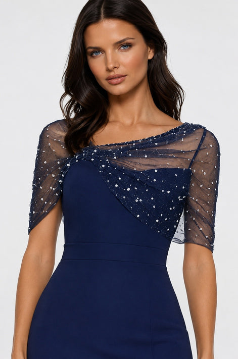 Long Navy Sheath Dress With Pearl Embellished Tulle Overlay 852