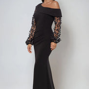 Long Sleeved Gown with Off Shoulder Neckline 809