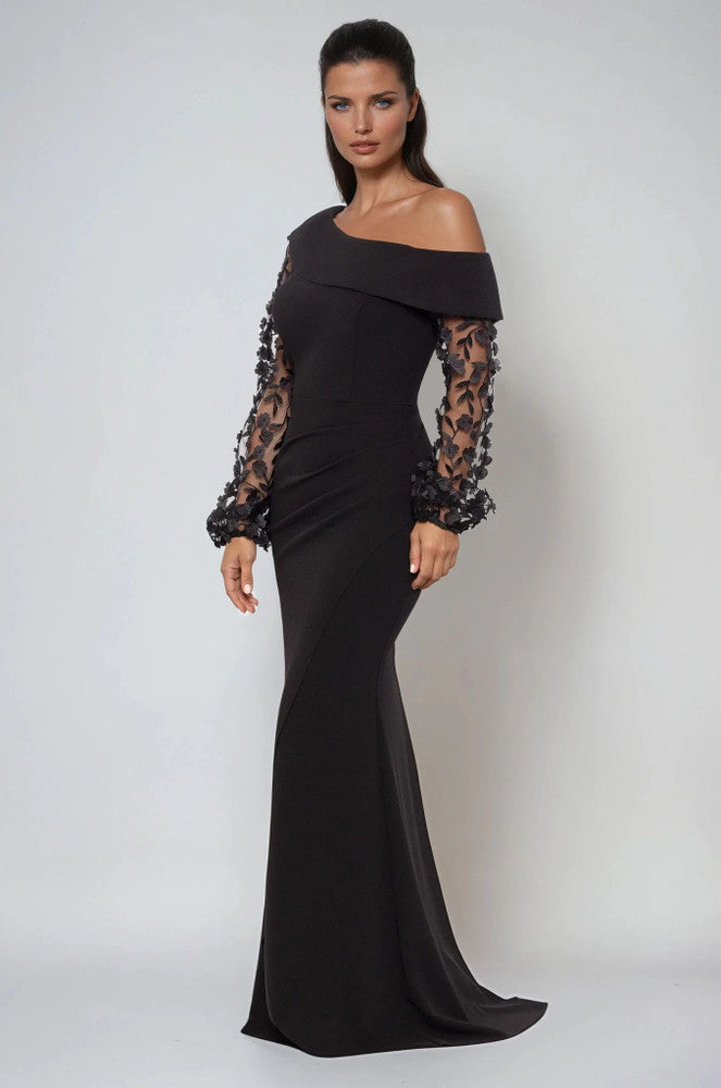 Long Sleeved Gown with Off Shoulder Neckline 809