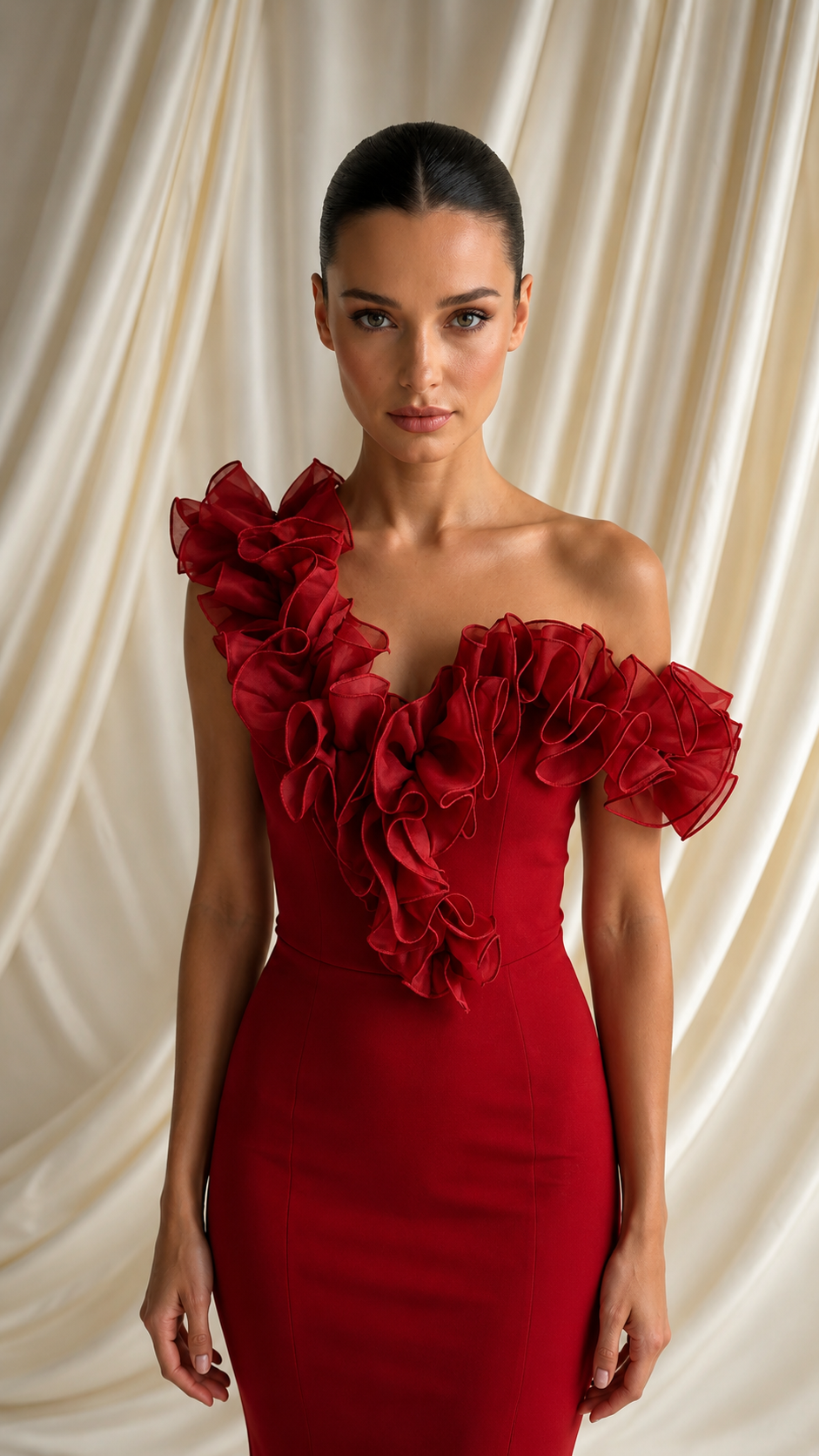One Shoulder Long Crepe Dress with Pleated Ruffle Organza Neckline 748