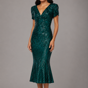 Fit & Flare Sequin V-Neck Midi Dress with Cap Sleeves 1534