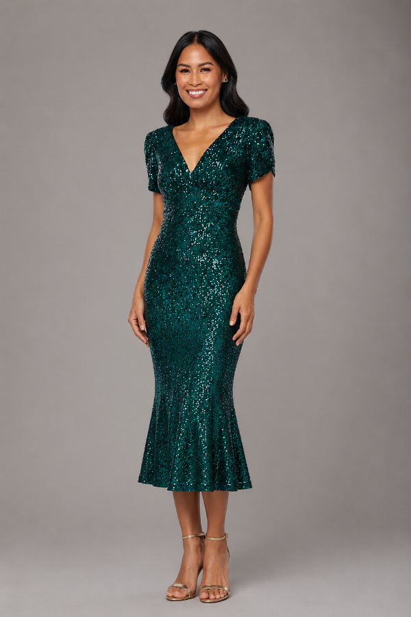 Fit & Flare Sequin V-Neck Midi Dress with Cap Sleeves 1534