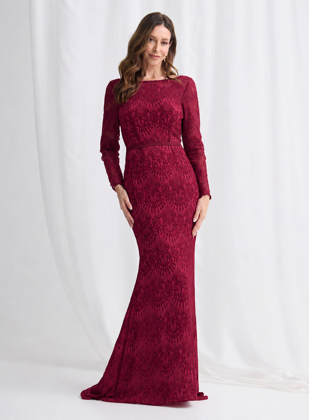 Long Sleeved Lace Dress With Sheer Neckline 831