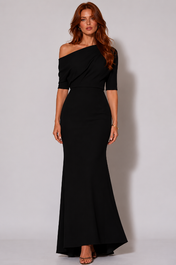 Long Side Shoulder Neckline Crepe Dress 629
