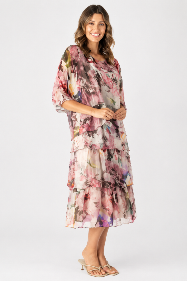 Floral Knee Length Dress with Batwing Sleeve 1571
