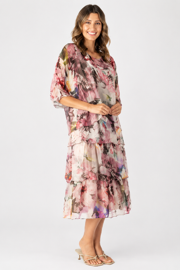 Floral Knee Length Dress with Batwing Sleeve 1571