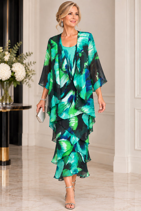 Floral Layered Chiffon Dress And Jacket Set 873