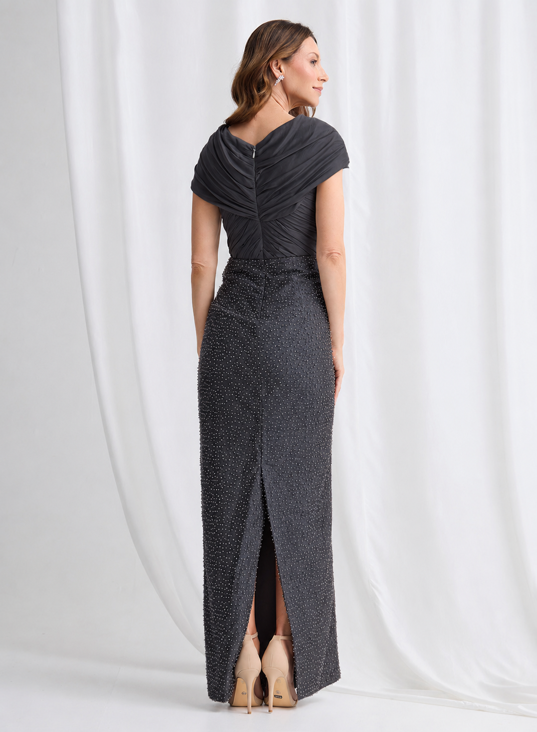 Embellished Long Dress with Cross Over Neckline and Caped Sleeve 832