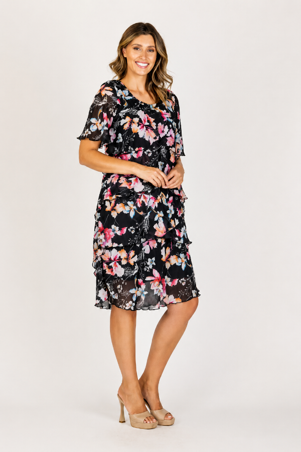 Printed Layered Chiffon Dress with Short Sleeves 737