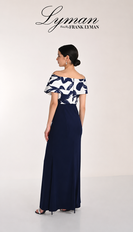 Long Off Shoulder Crepe Gown 824