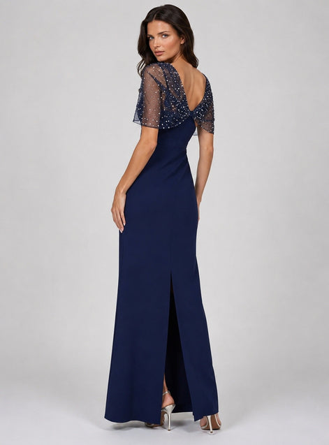 Long Navy Sheath Dress With Pearl Embellished Tulle Overlay 852