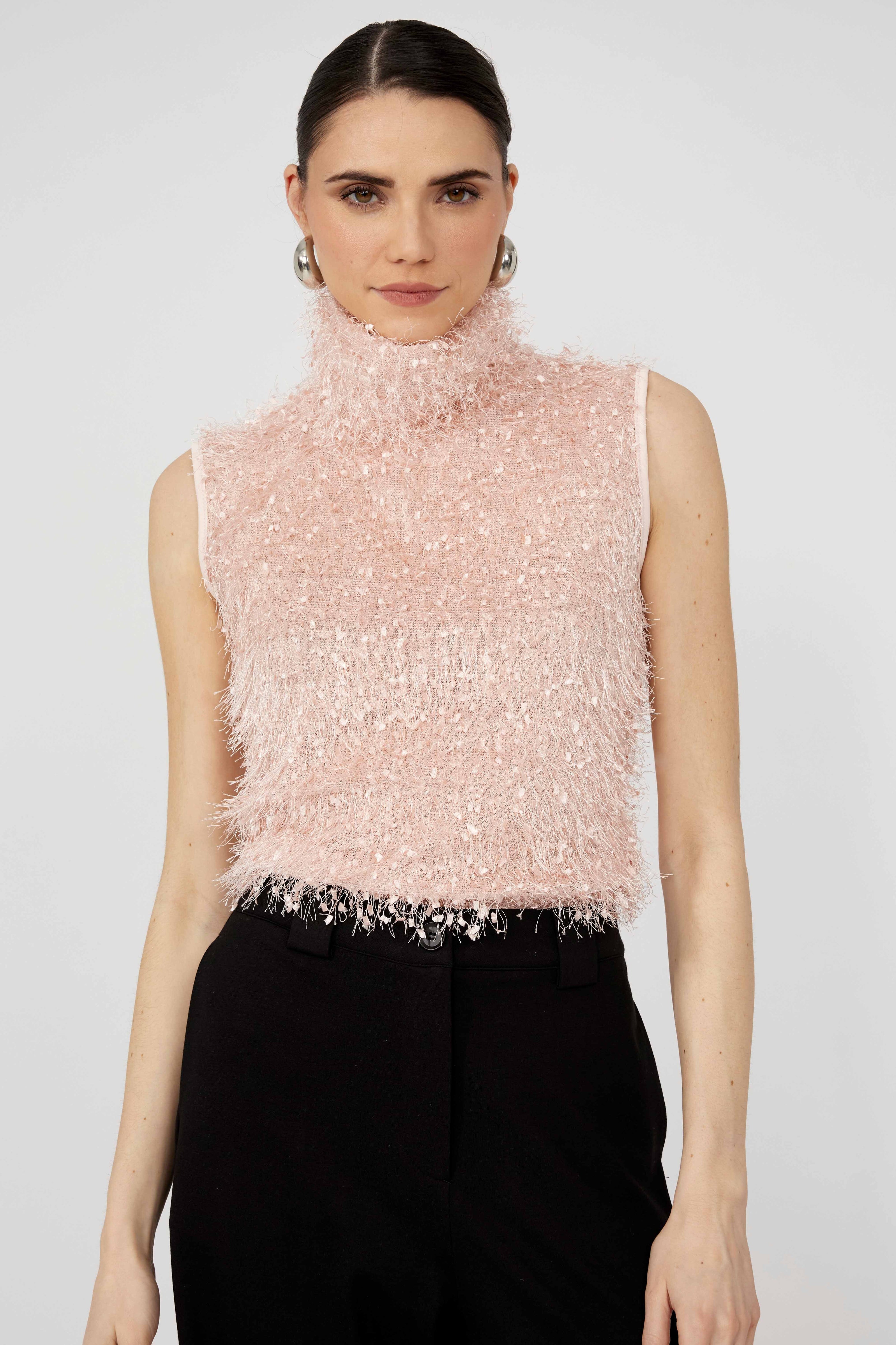 Fluffy Sleeveless Hip Length Pullover Top