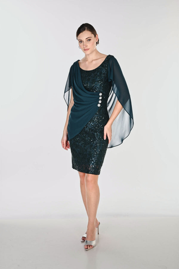 Sequin Bodycon Evening Dress With Chiffon Cape Detail 872