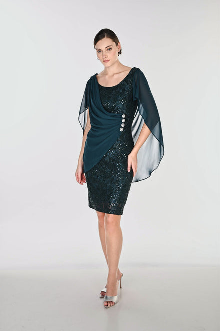 Sequin Bodycon Evening Dress With Chiffon Cape Detail 872