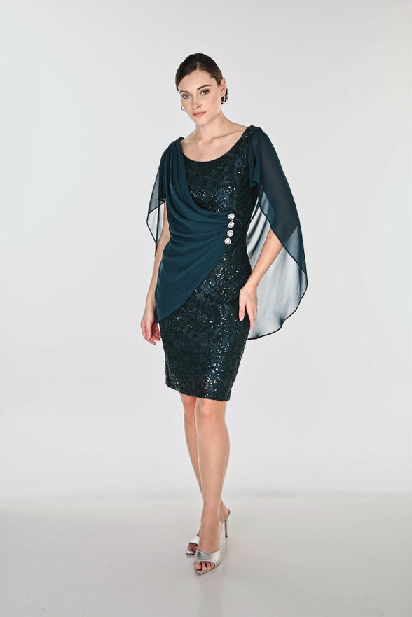 Sequin Bodycon Evening Dress With Chiffon Cape Detail 872
