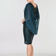Sequin Bodycon Evening Dress With Chiffon Cape Detail 872