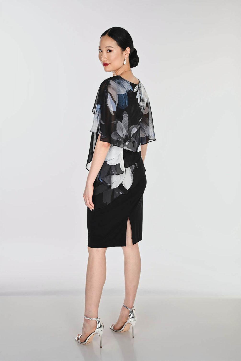 Knee-length Sheath Dress With Floral Chiffon Overlay 865