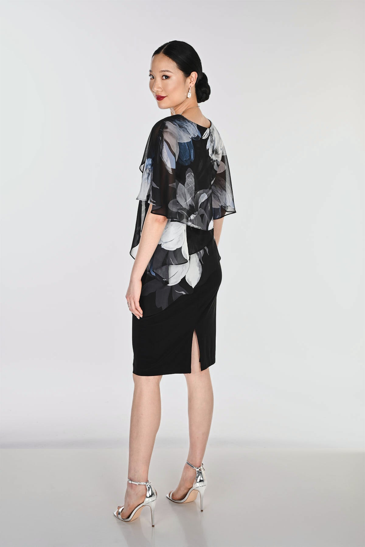 Knee-length Sheath Dress With Floral Chiffon Overlay 865