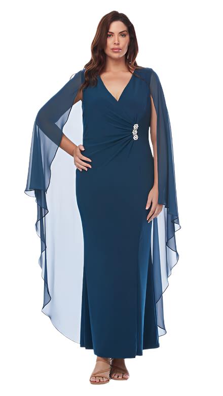 Long Stretch Jersey Dress with Chiffon Cape and Diamanté Trim