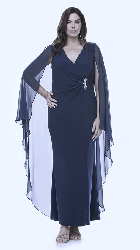 Long Stretch Jersey Dress with Chiffon Cape and Diamanté Trim 355
