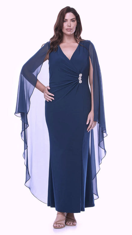 Long Stretch Jersey Dress with Chiffon Cape and Diamanté Trim 355