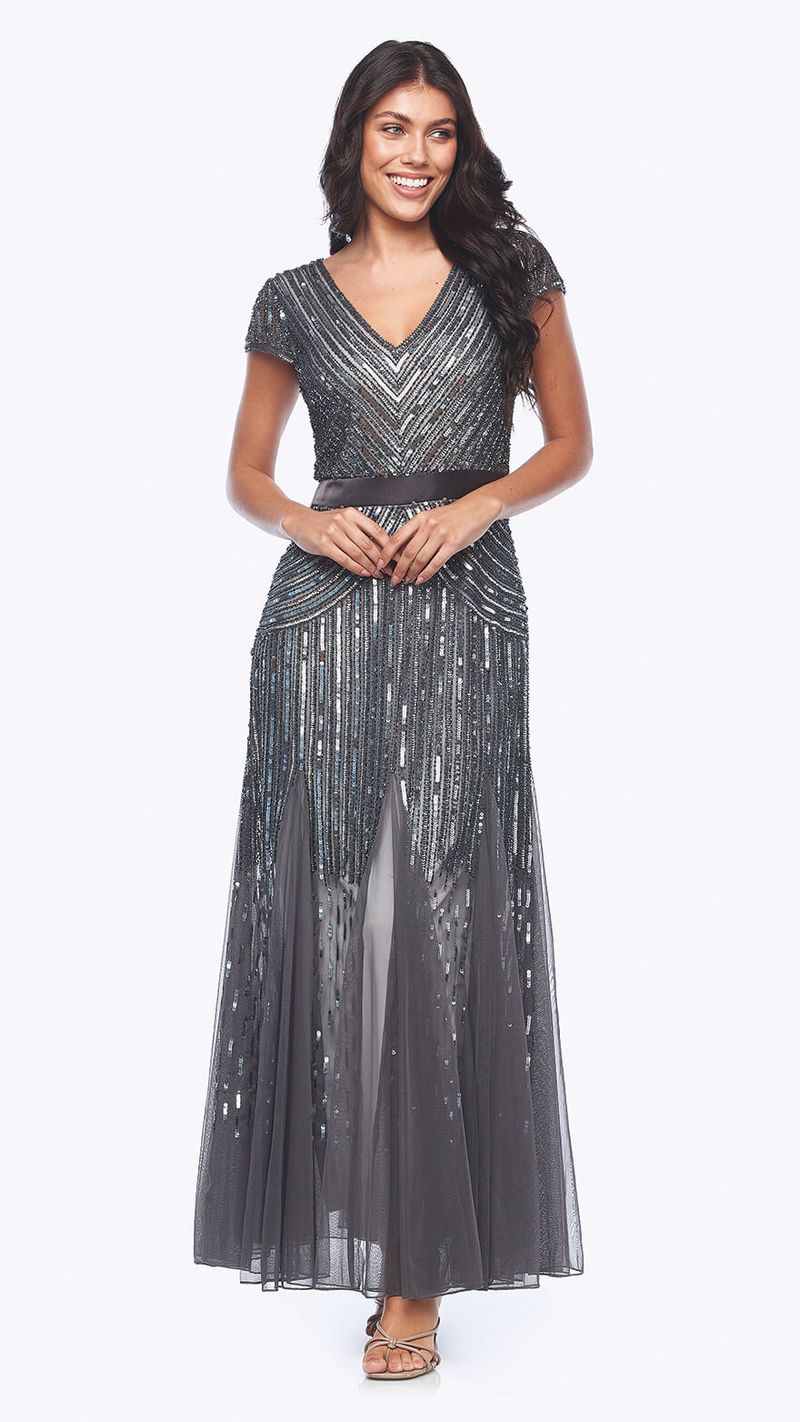 Long Cap Sleeve Beaded Dress 414