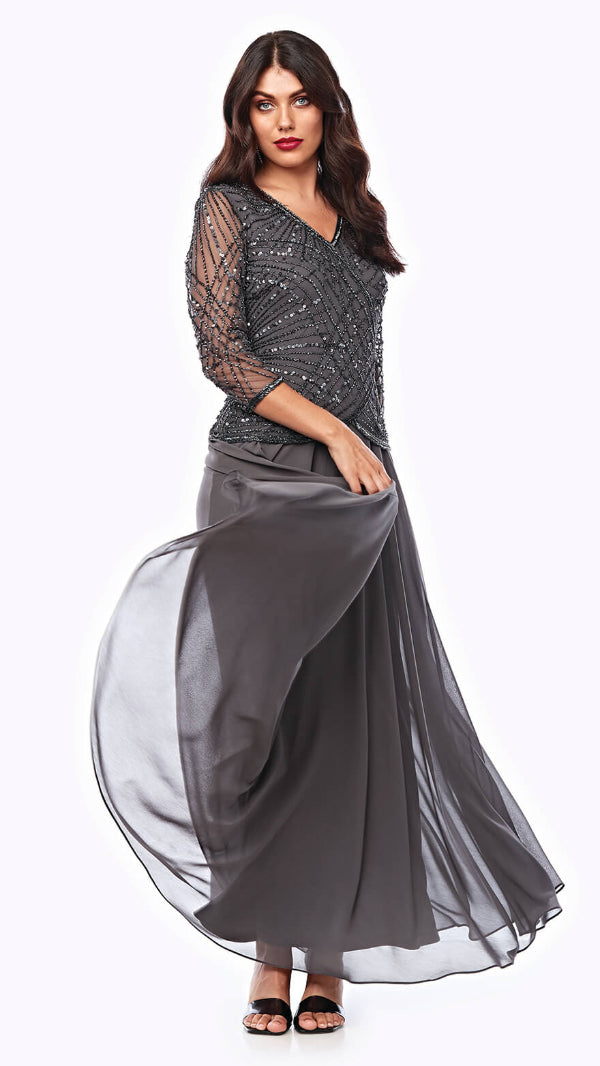 Long Chiffon Skirt with Beaded Sleeve and Bodice 377