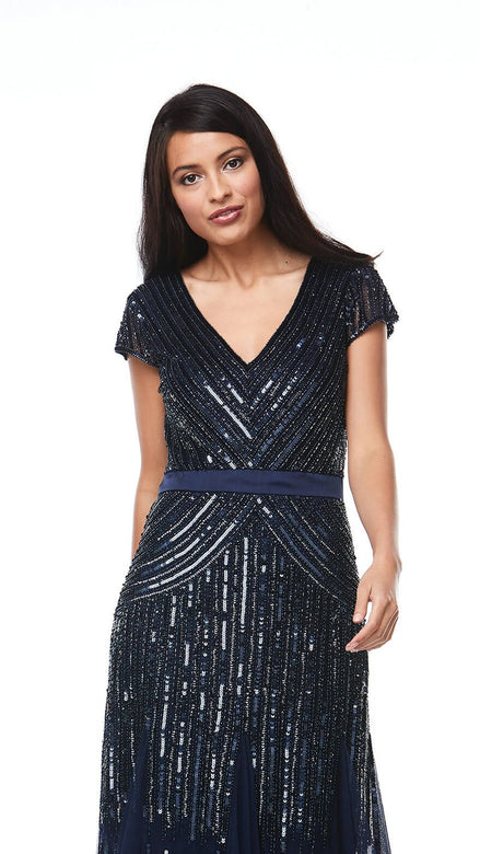 Long Cap Sleeve Beaded Dress 414