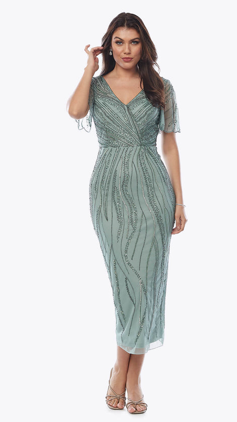 Tea Length Stretch Mesh Beaded Dress 715